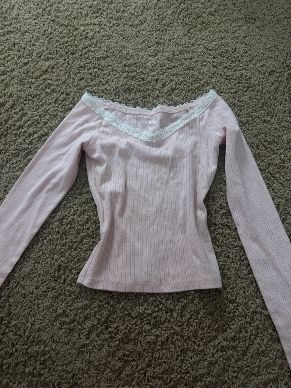 Hollister Lace-Trim Ribbed Long Sleeve Top - Light Pink